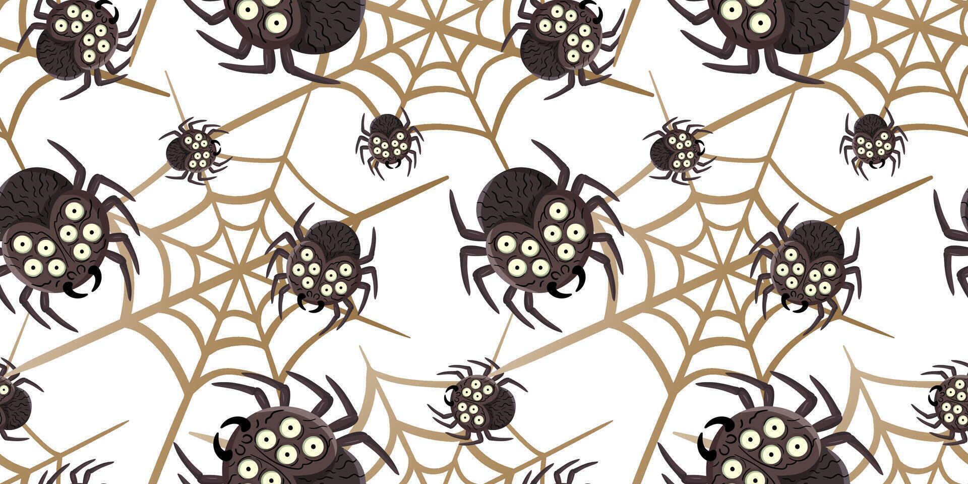 halloween cartoon spiders and gold web seamless pattern cute insect repeat design for festive backgrounds textiles decor and fabric vector