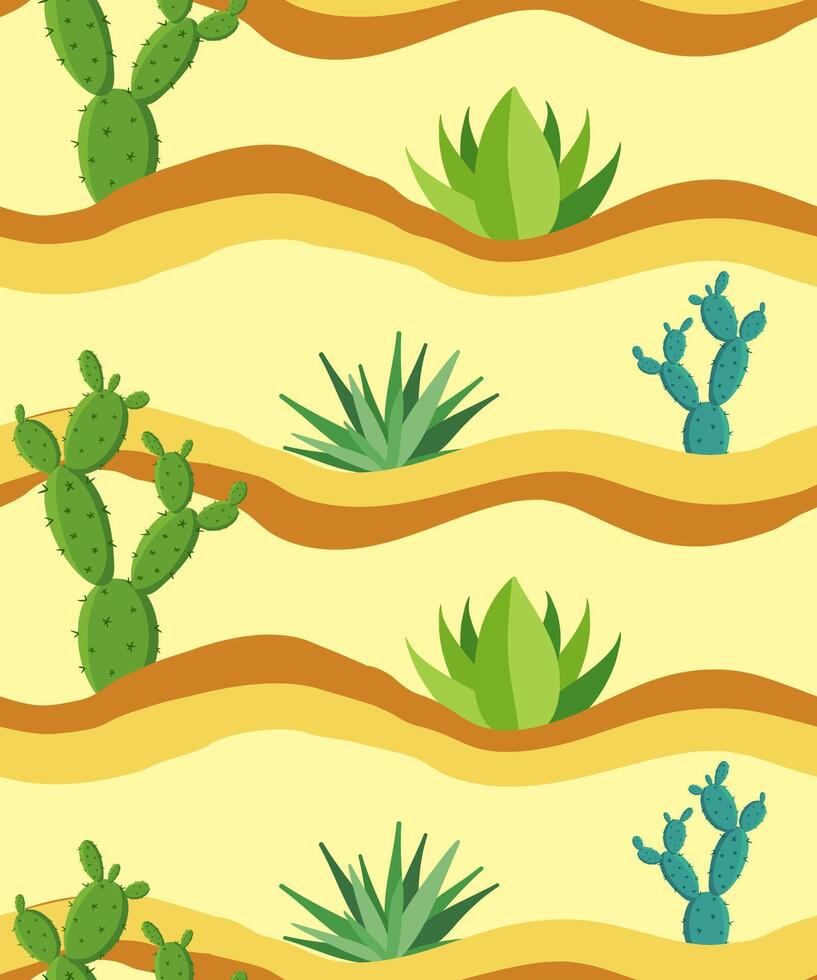 boho cactus seamless pattern with desert plants agave prickly pear and sandy hills ideal for textile wallpaper fabric design vector