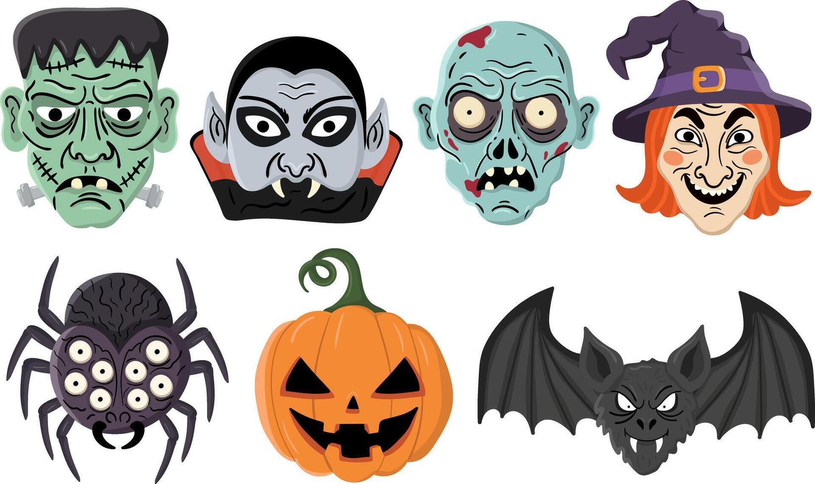 halloween object set monster faces pumpkin spider and bat cartoon illustrations for web design posters and decor character collection vector