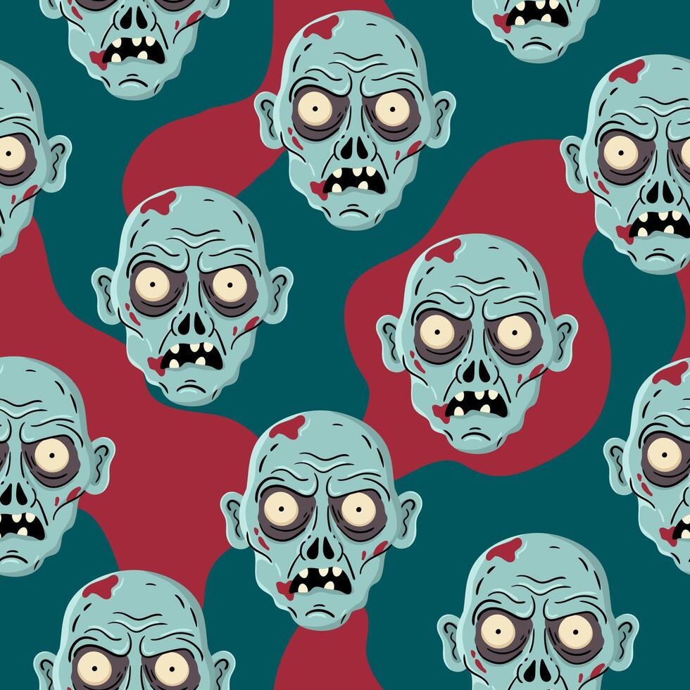 creepy zombie head seamless pattern teal and red background for halloween themed fabric and spooky digital paper designs vector