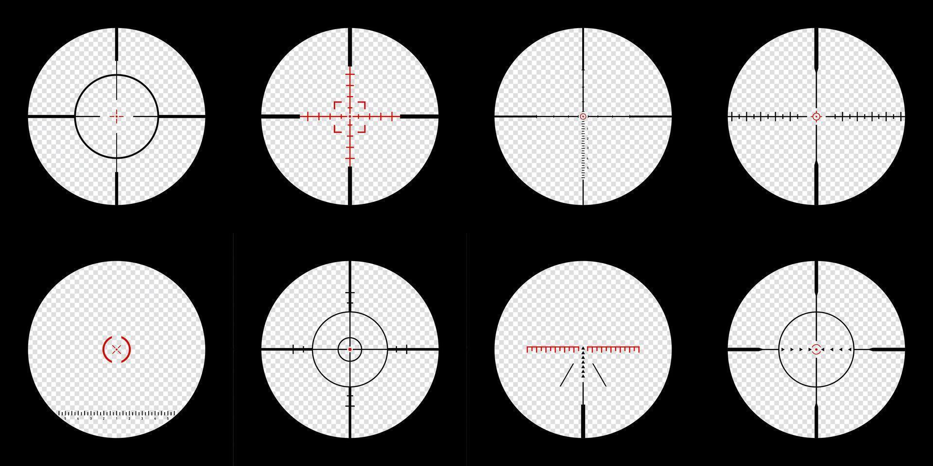 Set of realistic sniper scope crosshairs view. sniper sight with measurement marks. rifle optical sight. sniper scope template vector