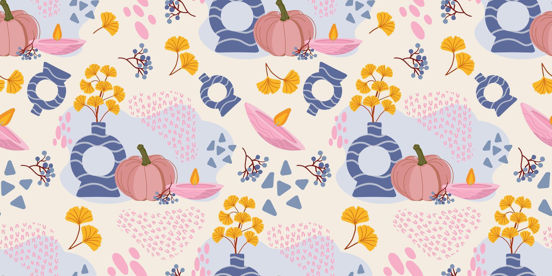 autumn pattern with pumpkins and vases vector