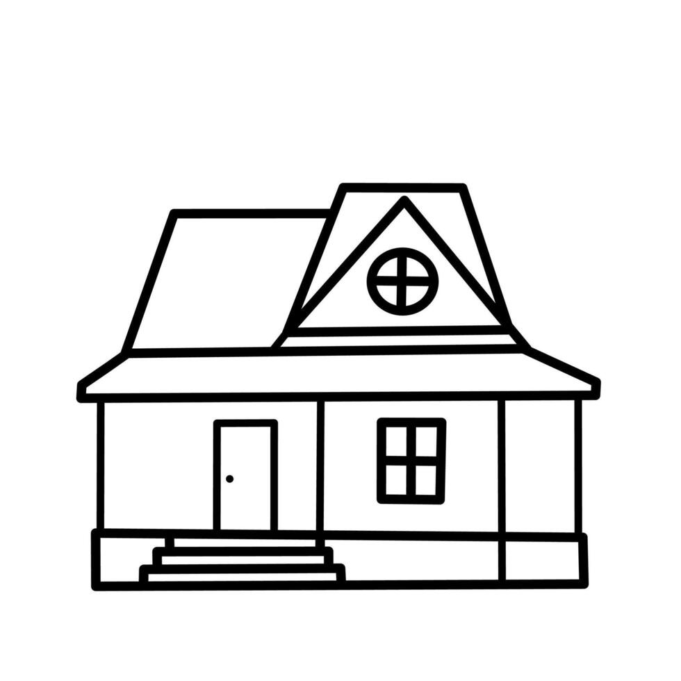 Black and white line illustration of a two-story house with large roof and round attic window, perfect for real estate or architectural icons vector
