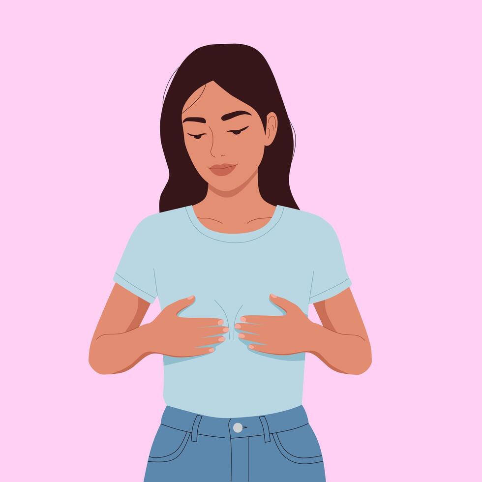 Colored illustration of a woman performing breast self-examination. Great for medical posters, health awareness materials, and personal care guide vector