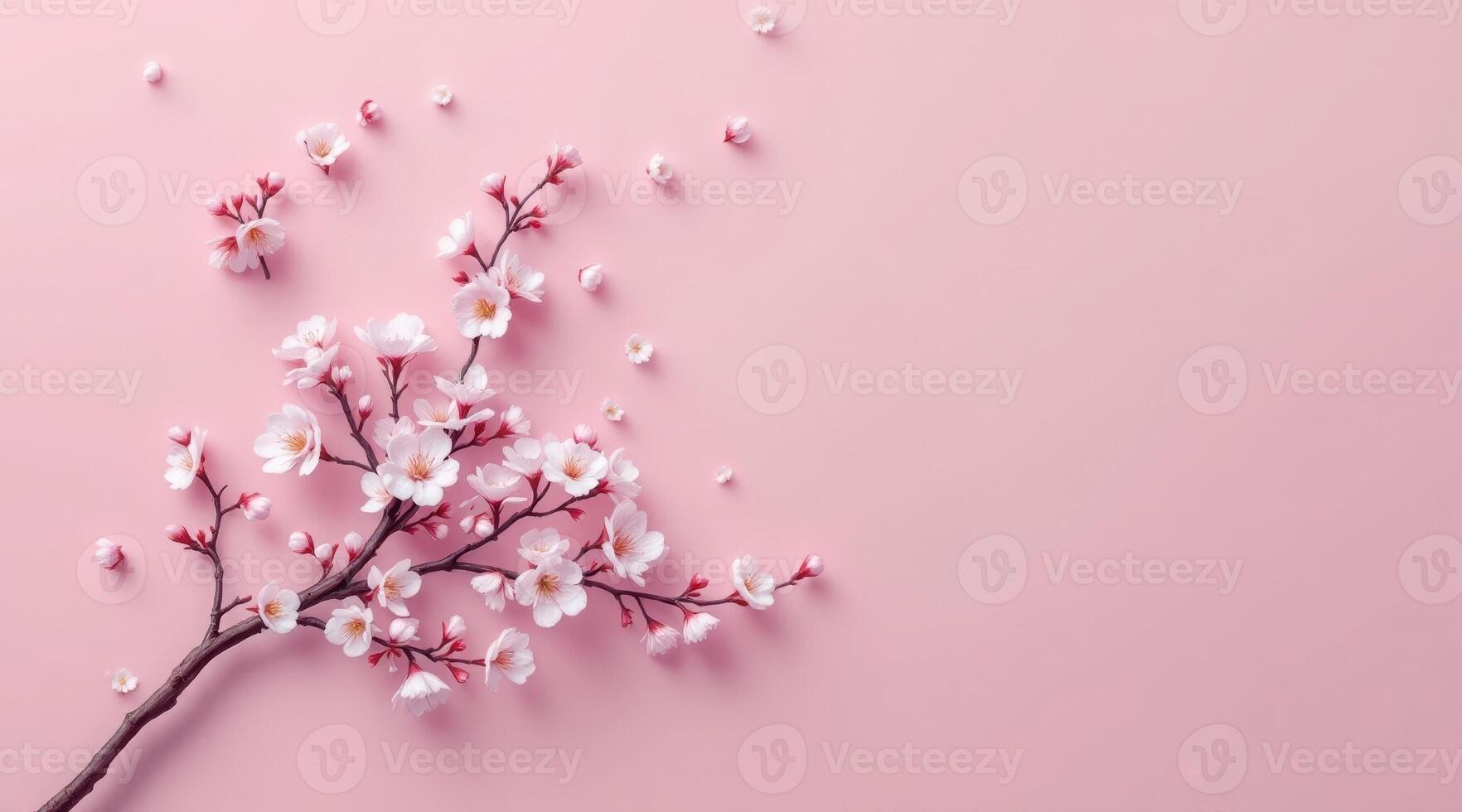 A branch of cherry blossom on a pink background photo