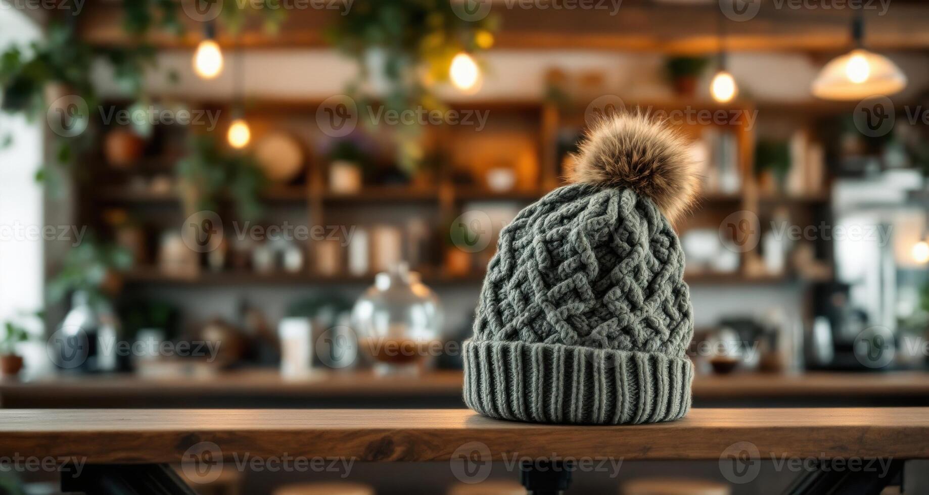 A hat sits on a wooden table in a restaurant photo