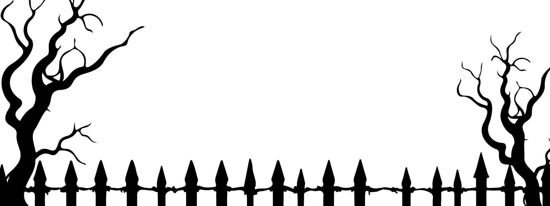Halloween banner template with silhouettes of crooked scary tree and an old cemetery fence, on white background, space for insertion. vector