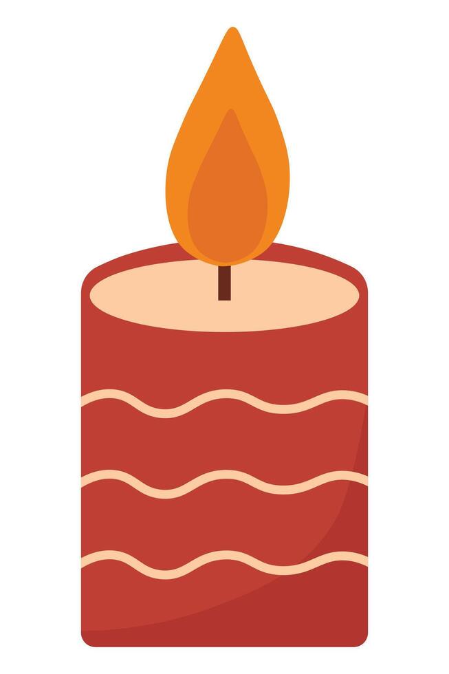 Red Striped Candle with Flame Flat Design. Decorative Wax Candle for Festive Ambiance Graphic vector