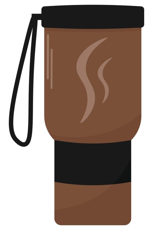 Brown Travel Mug with Handle and Steam Flat Design. Reusable Beverage Container Cup vector