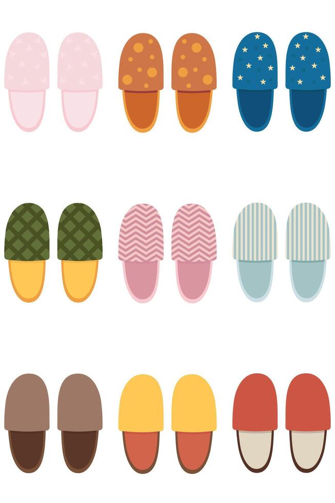 Set of Colorful Home Slippers Flat Design. Various Indoor Footwear. Cozy House Slippers vector