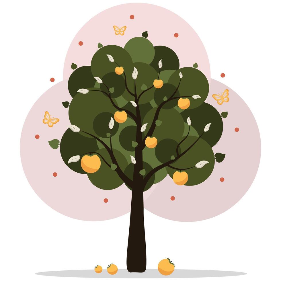 Fruit Tree with Yellow Apples and Butterflies Flat Design. Blooming Orchard Apple Tree vector
