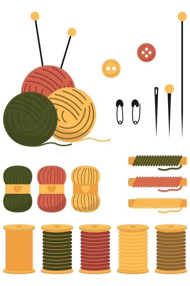 Sewing or Knitting Kit with Yarn Balls, Needles, and Pins. Crafting Supplies Set for Handmade vector