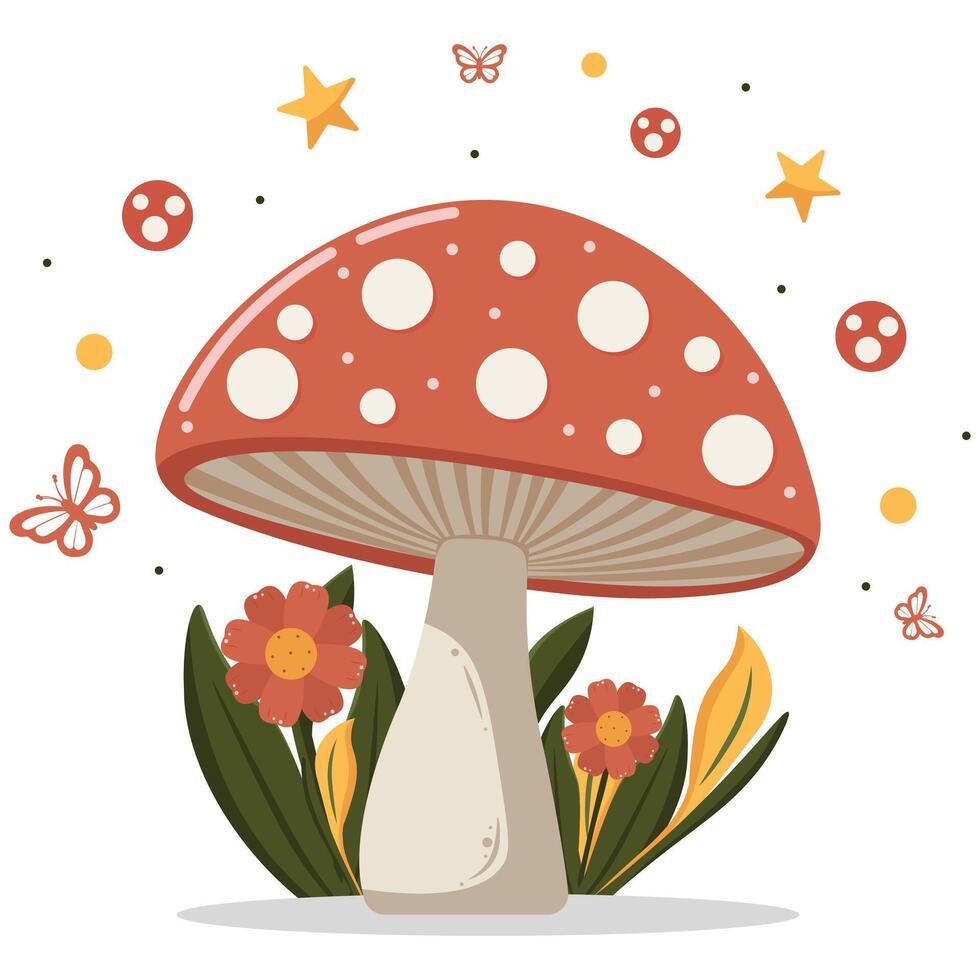 Red Toadstool Mushroom with White Spots and Floral Decor. Stylized Fly Agaric with Decor vector