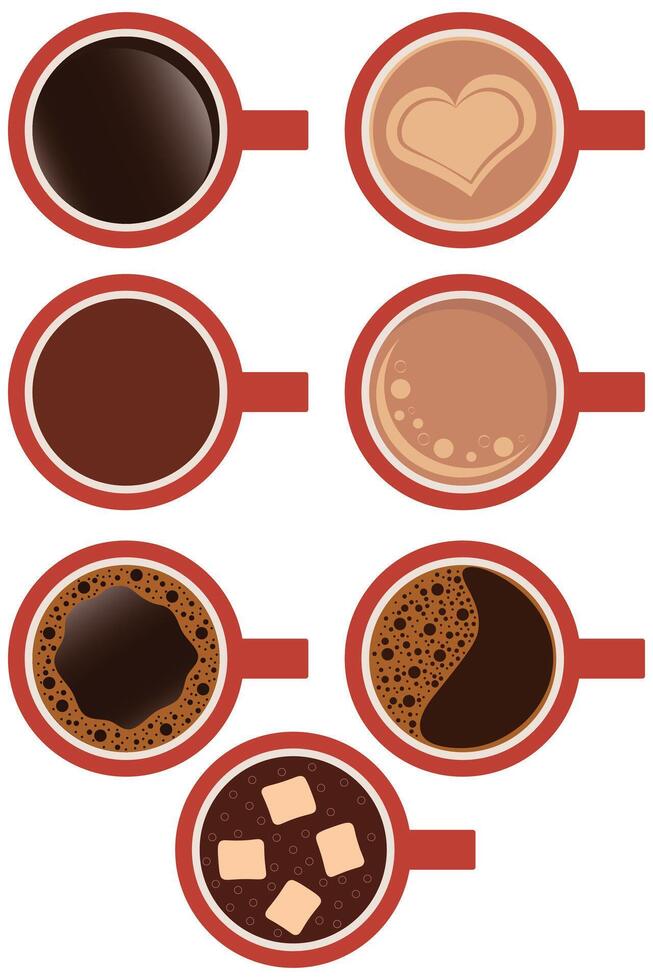 Set of Coffee Cups with Various Drinks Top View. Hot Drinks Coffee Beverages Collection vector