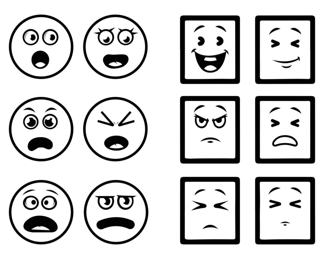 Outline style emoji face icons in black and white. Includes happy, sad, angry, shocked, and calm expressions in simple cartoon format. vector