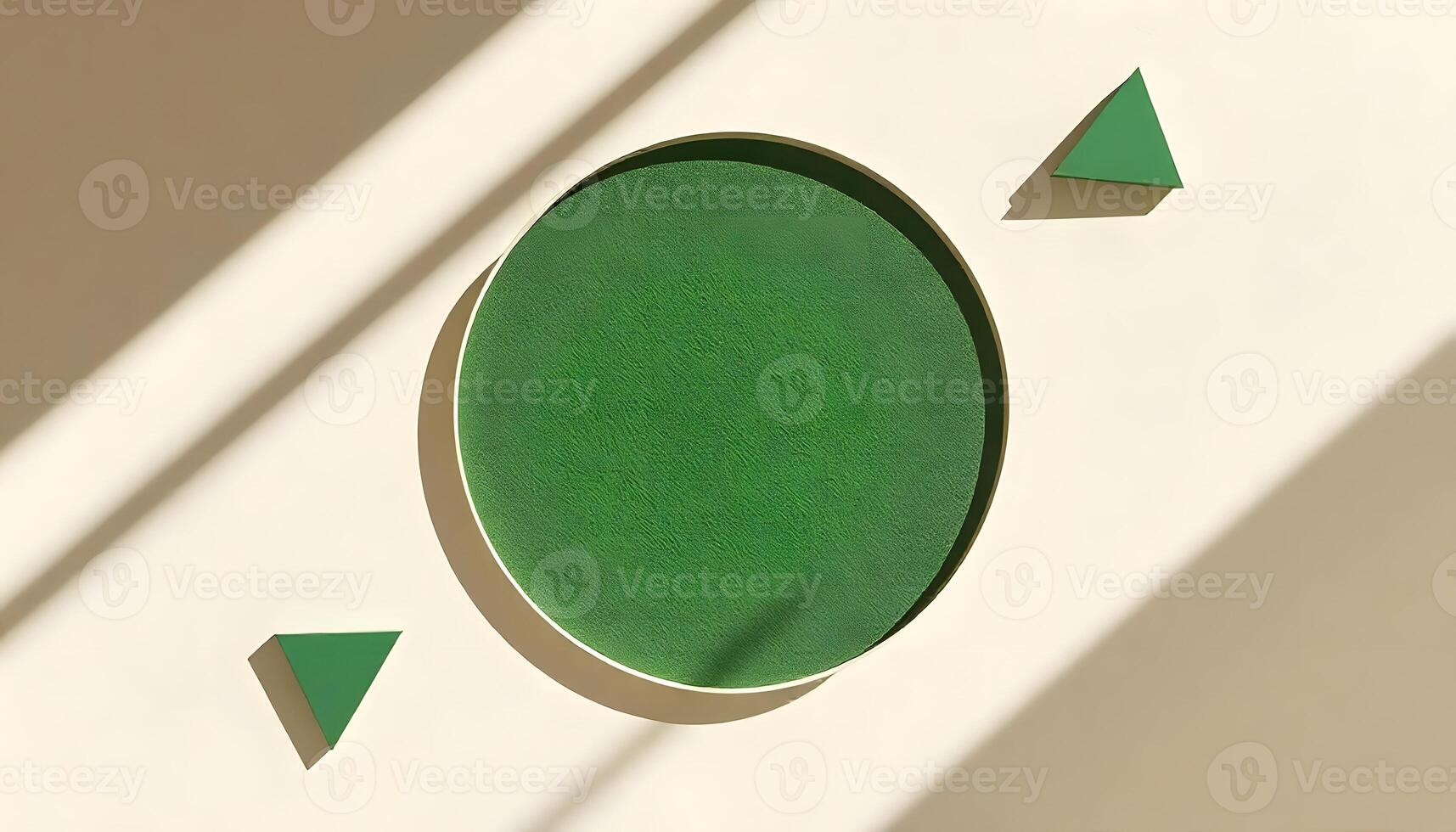 A green circular mirror on a wall with a triangle shape photo