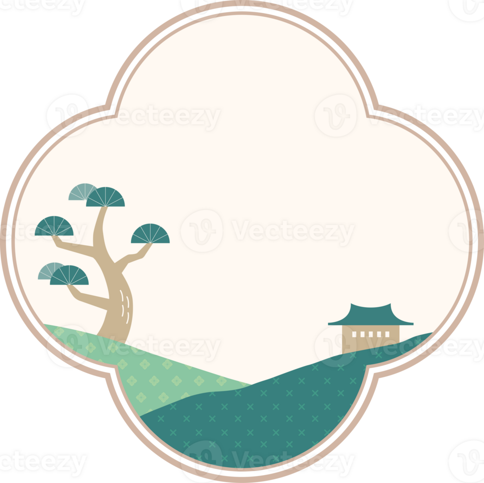 Korean Window with Pine Tree and Hanok Landscape png