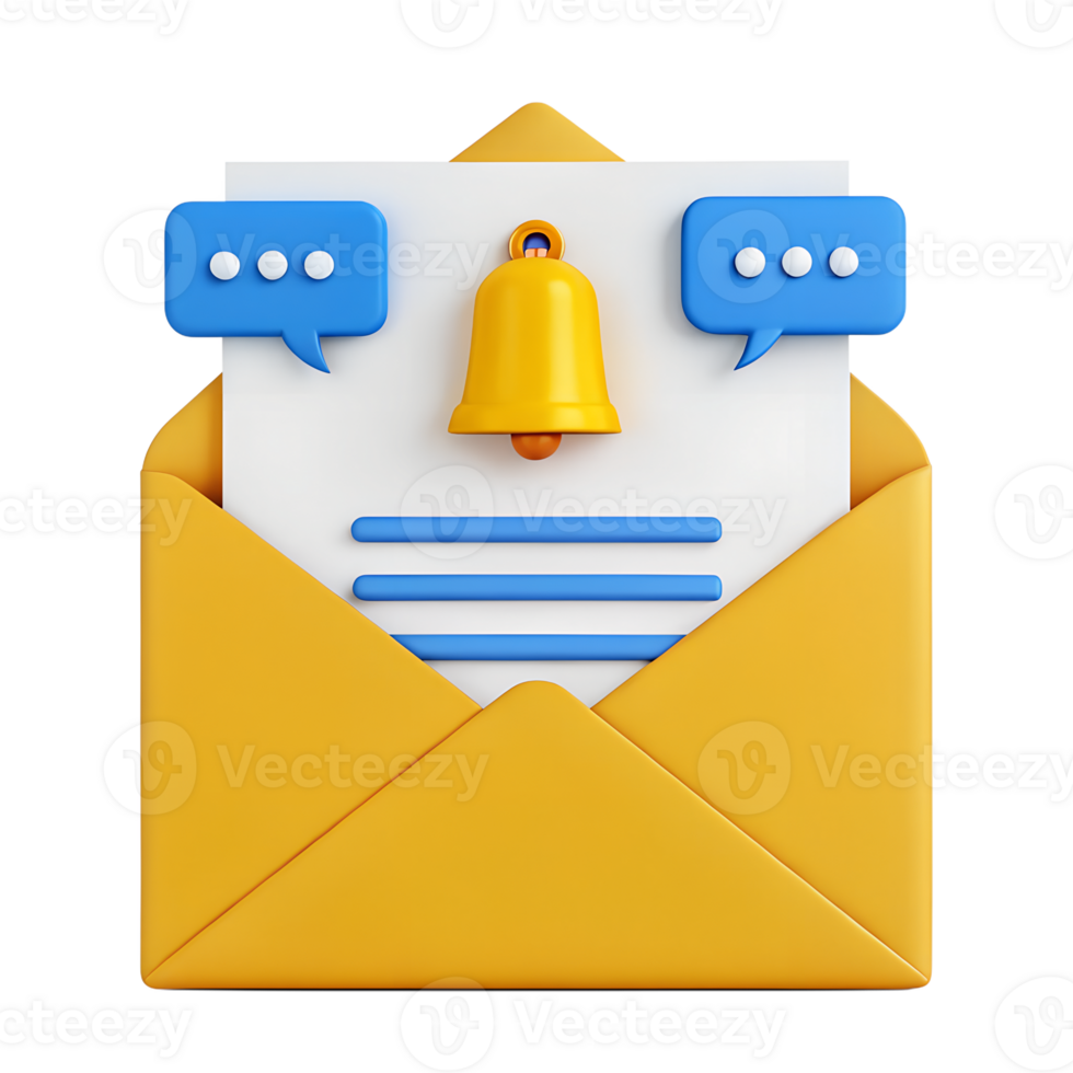 3D Render of a Yellow Envelope with a White Letter Inside Notification Bell and Speech Bubbles png