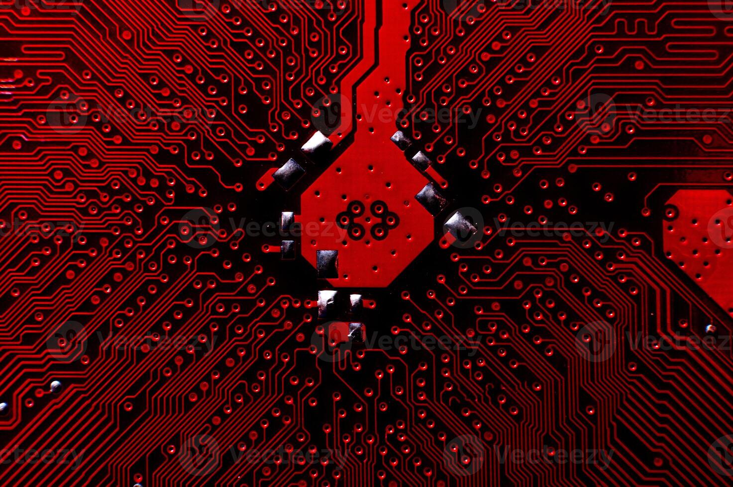Close-up of a modern card with schematic. Processor chipset on a printed circuit board. Close-up of a printed circuit board and electronic components, the image shows complex circuits photo