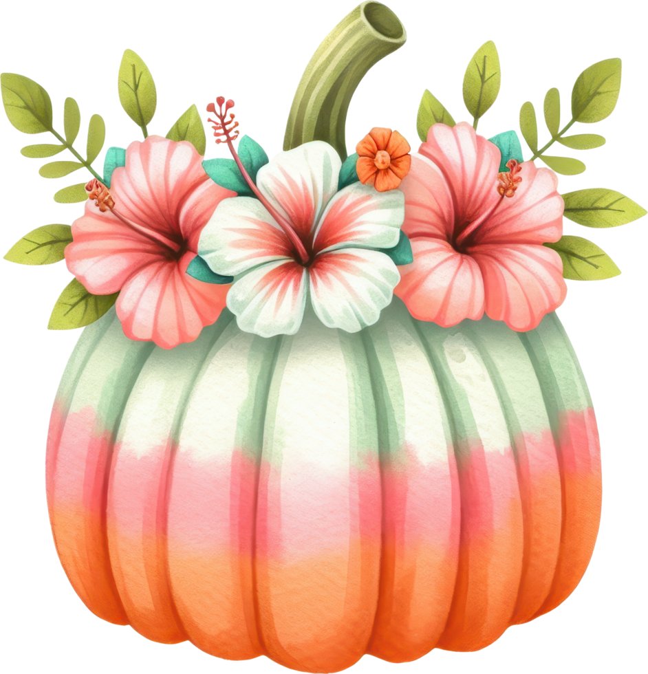 A stylized pumpkin adorned with tropical flowers and lush foliage creating a unique and festive summerween display png