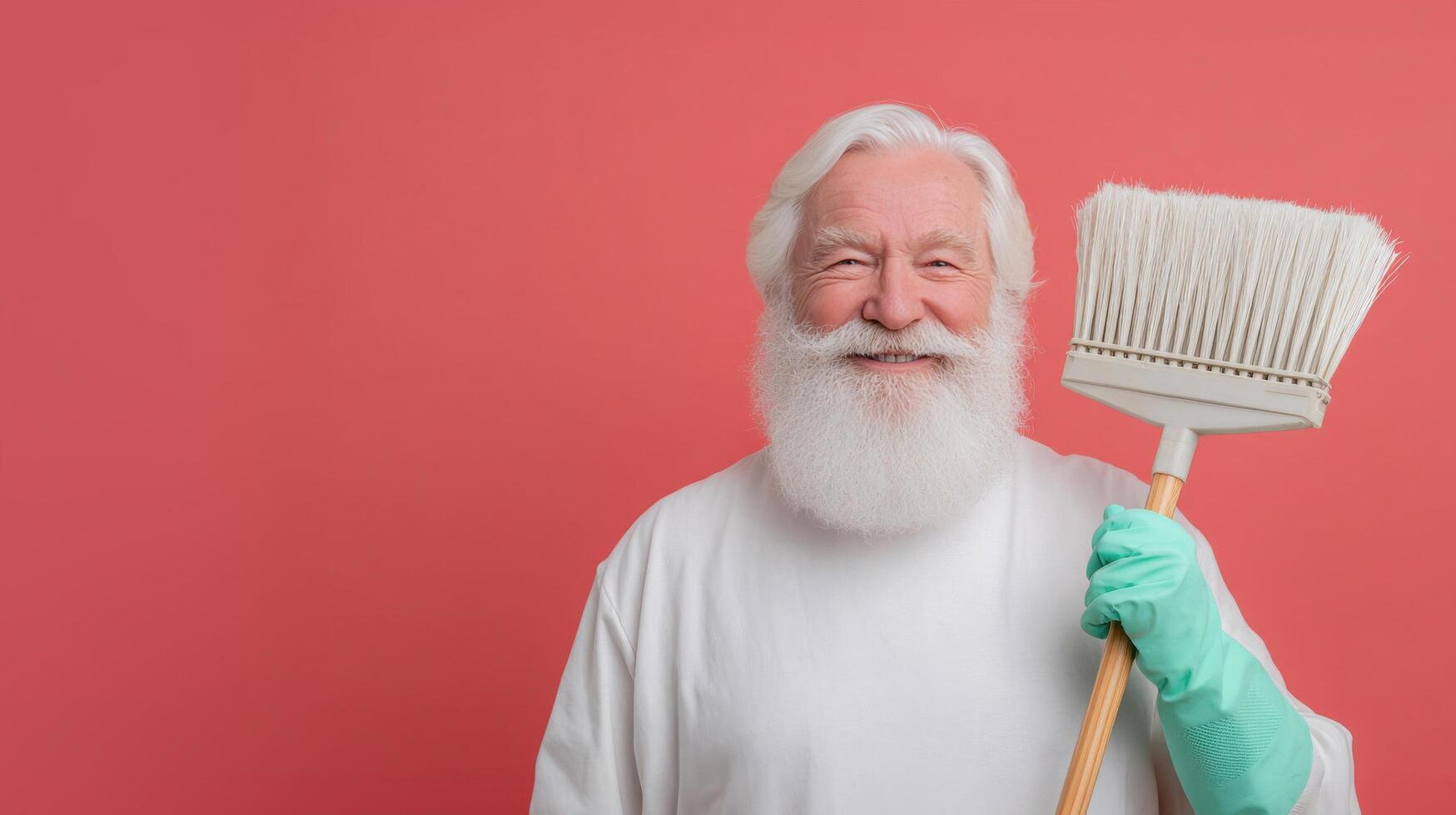Smiling senior man holding broom and wearing cleaning gloves photo