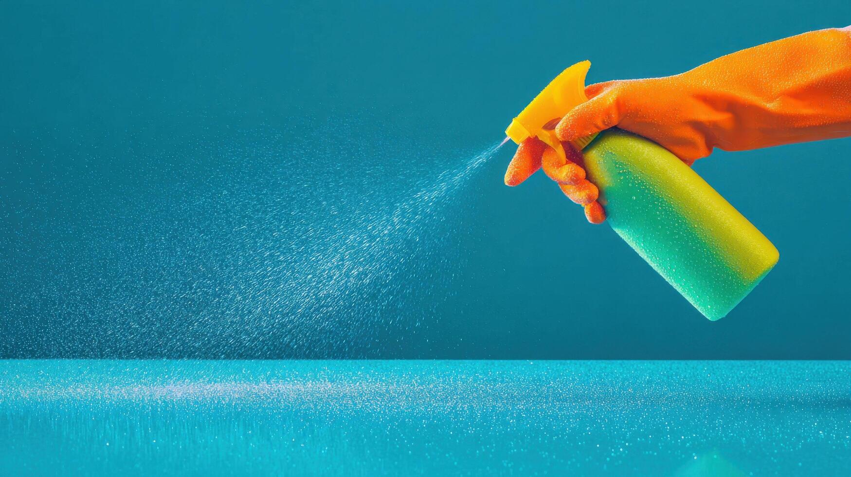 Hand in orange glove spraying cleaner from bottle on blue surface photo