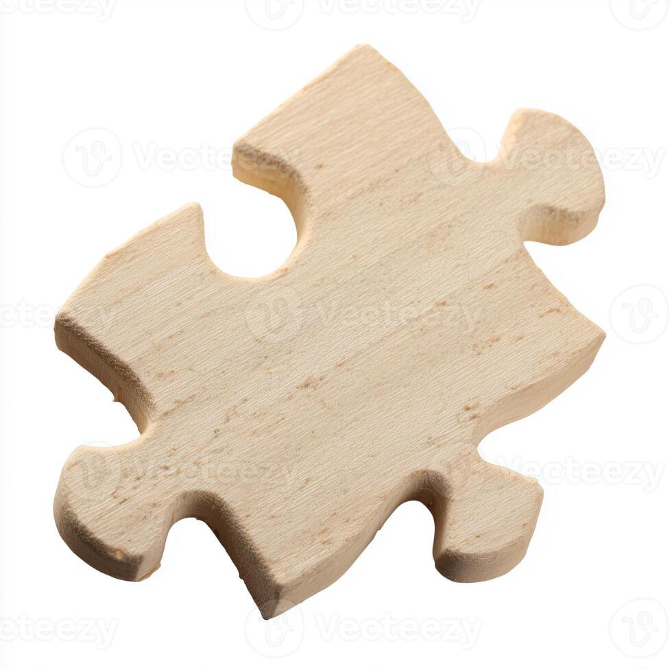 Unique carved wooden puzzle piece isolated on white background for arts and crafts projects photo