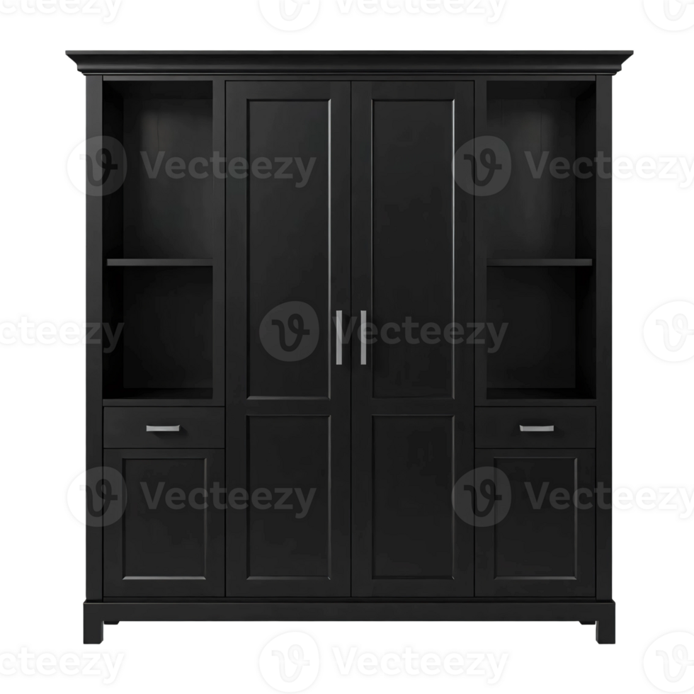 A black cabinet with two doors and drawers png