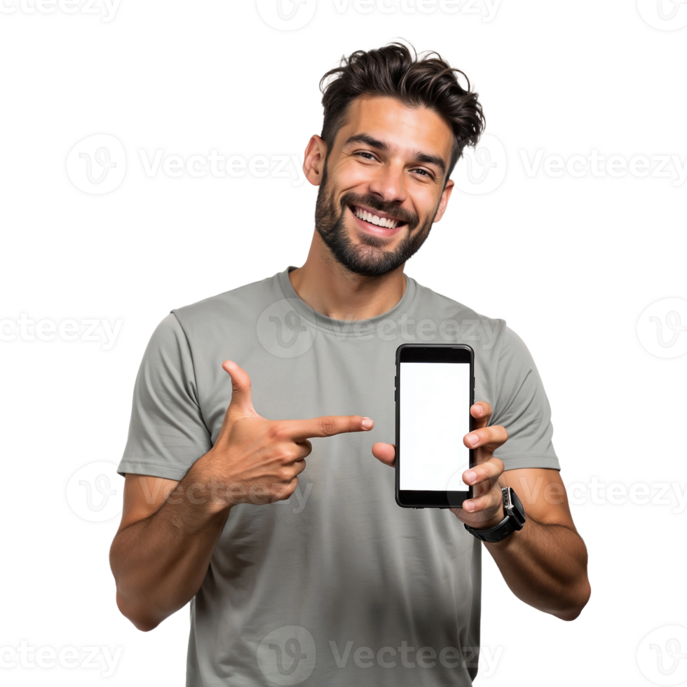 A man holding up a smart phone with a blank screen png