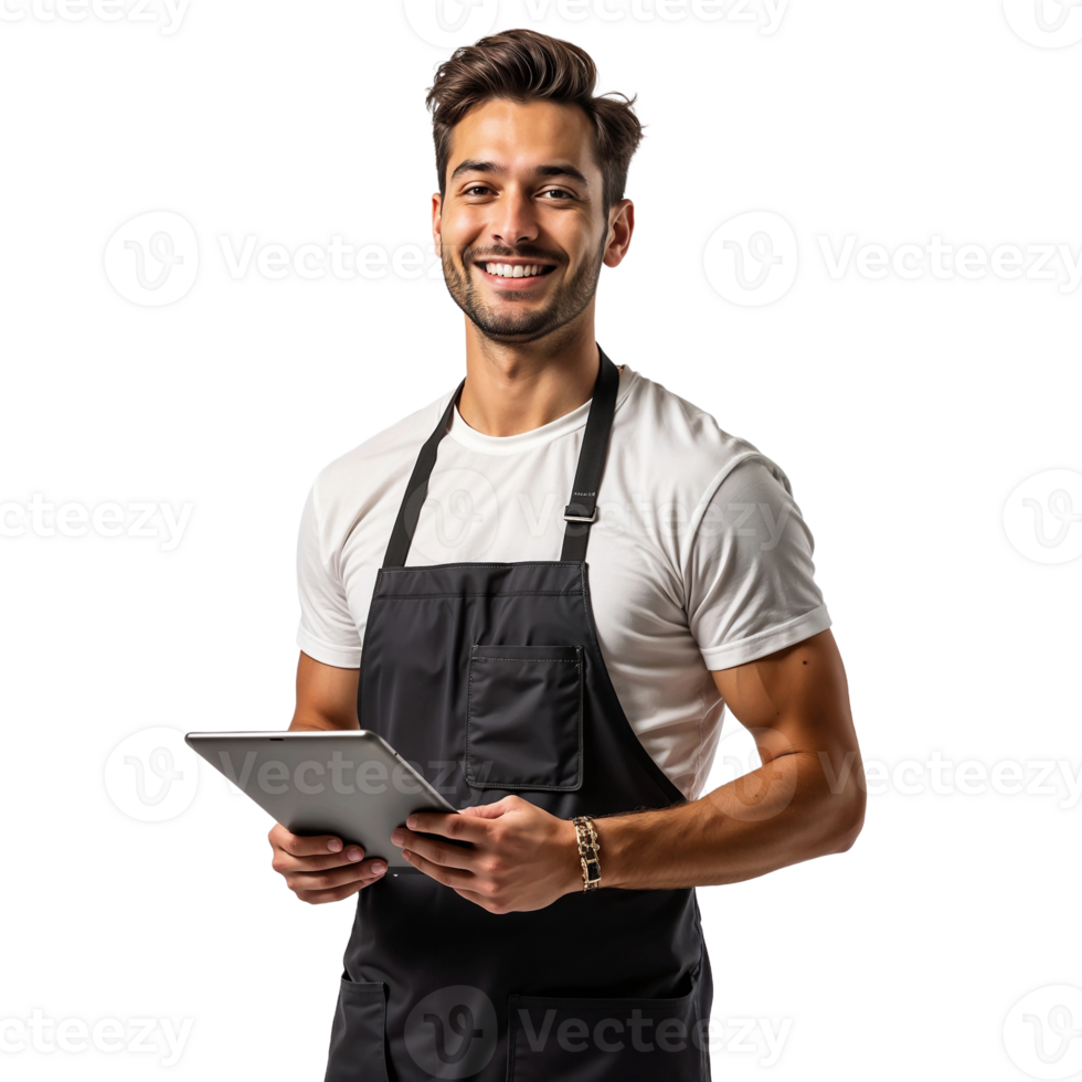 A smiling man in an apron holding a tablet png