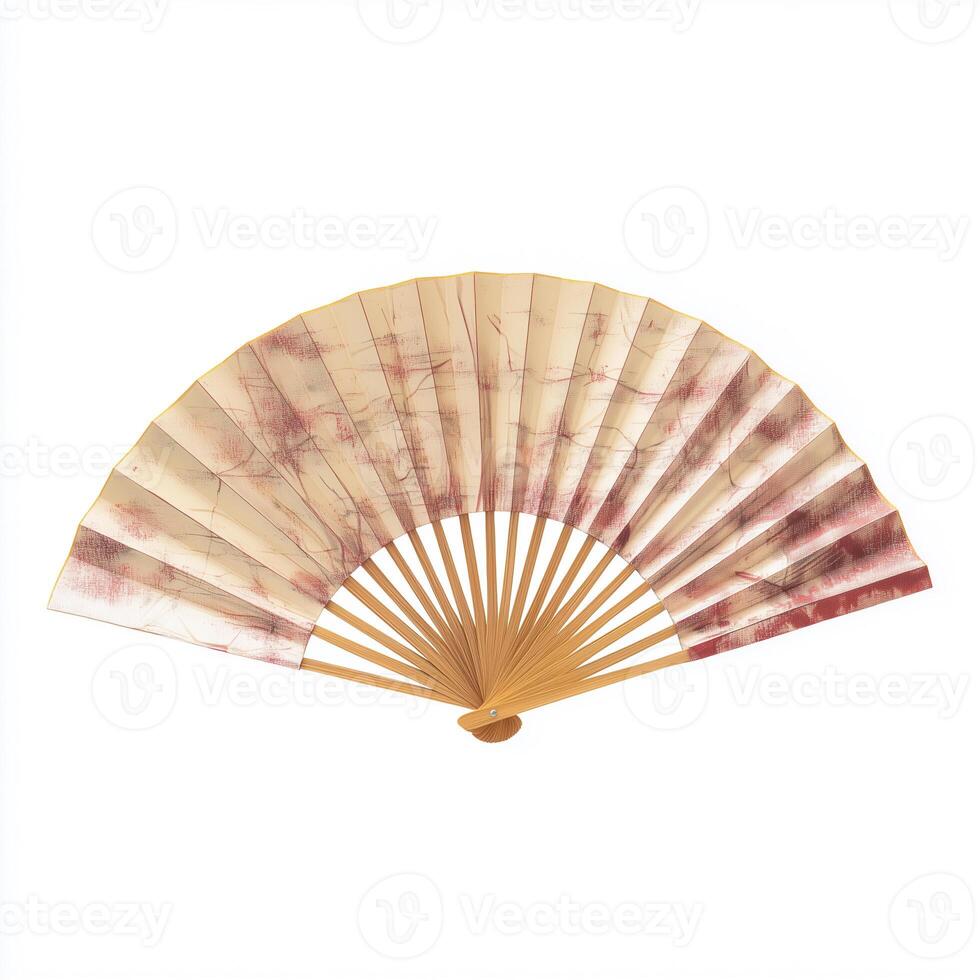 Elegant Japanese washi paper fan with beautiful pattern isolated on pure white background photo