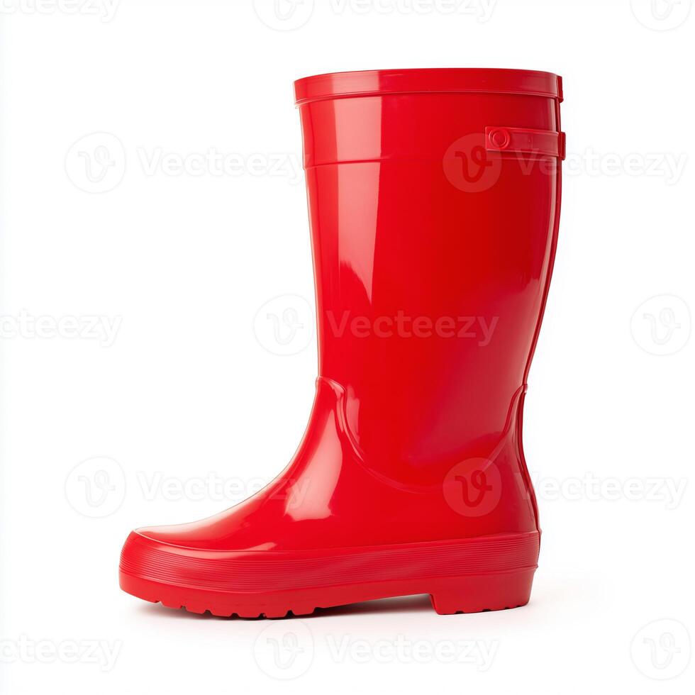 Bright red rain boot stands isolated on crisp white background, showcasing vibrant color and design photo