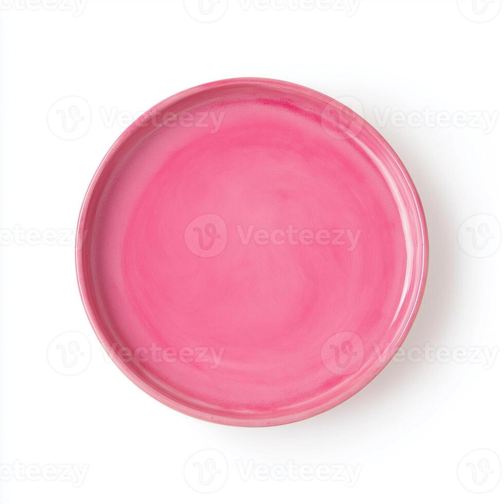 Neon pink ceramic plate with a smooth finish, presenting a vibrant and tiny design on a white background photo