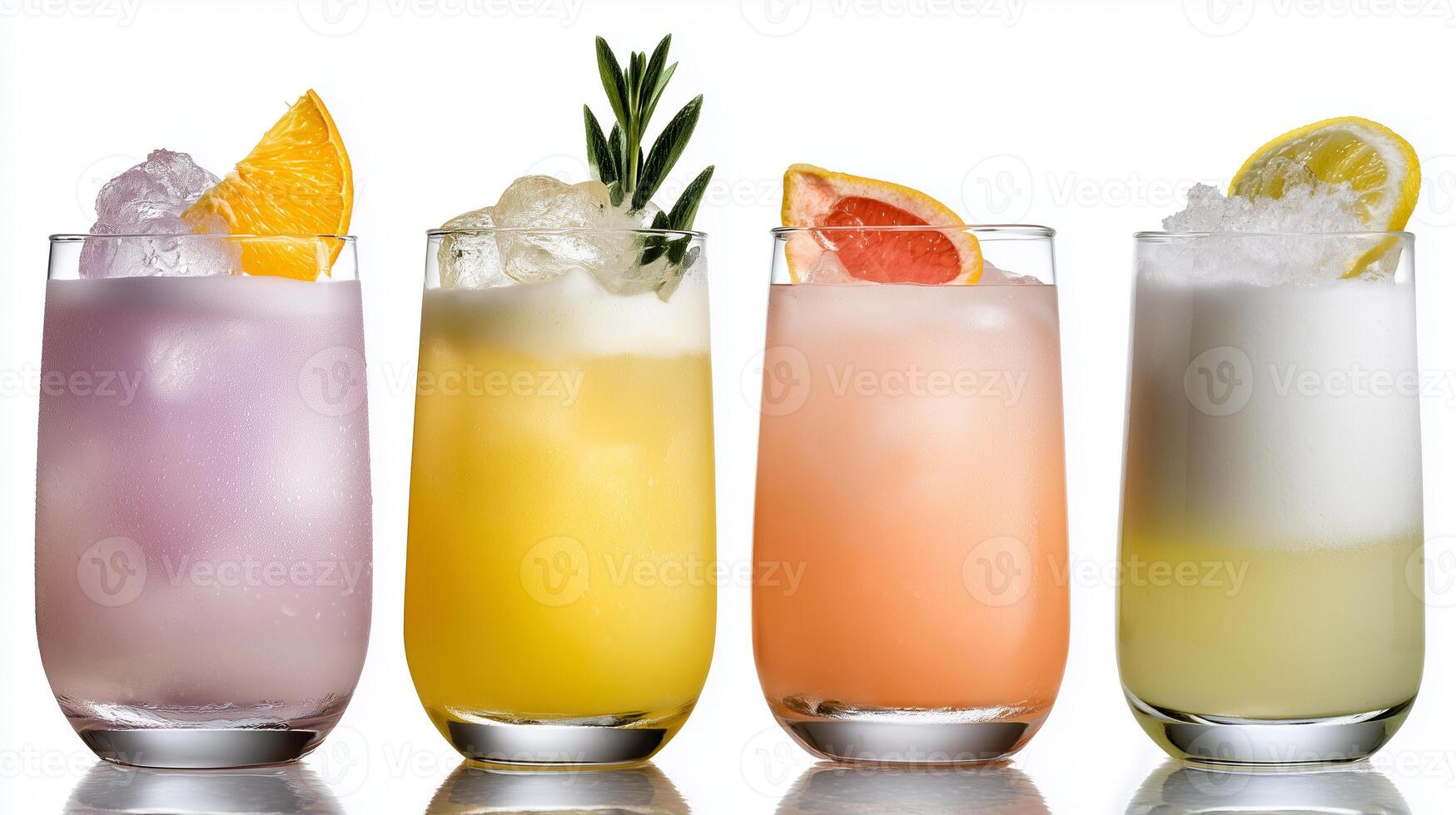 Refreshing icy gin fizz cocktails served in clear glasses with fruits on a white background for summer enjoyment photo