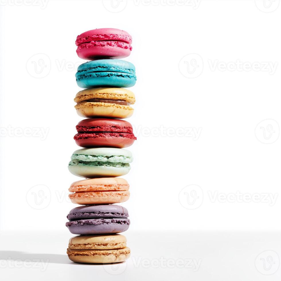 Colorful stacked macarons arranged elegantly on a white background for dessert lovers and events photo
