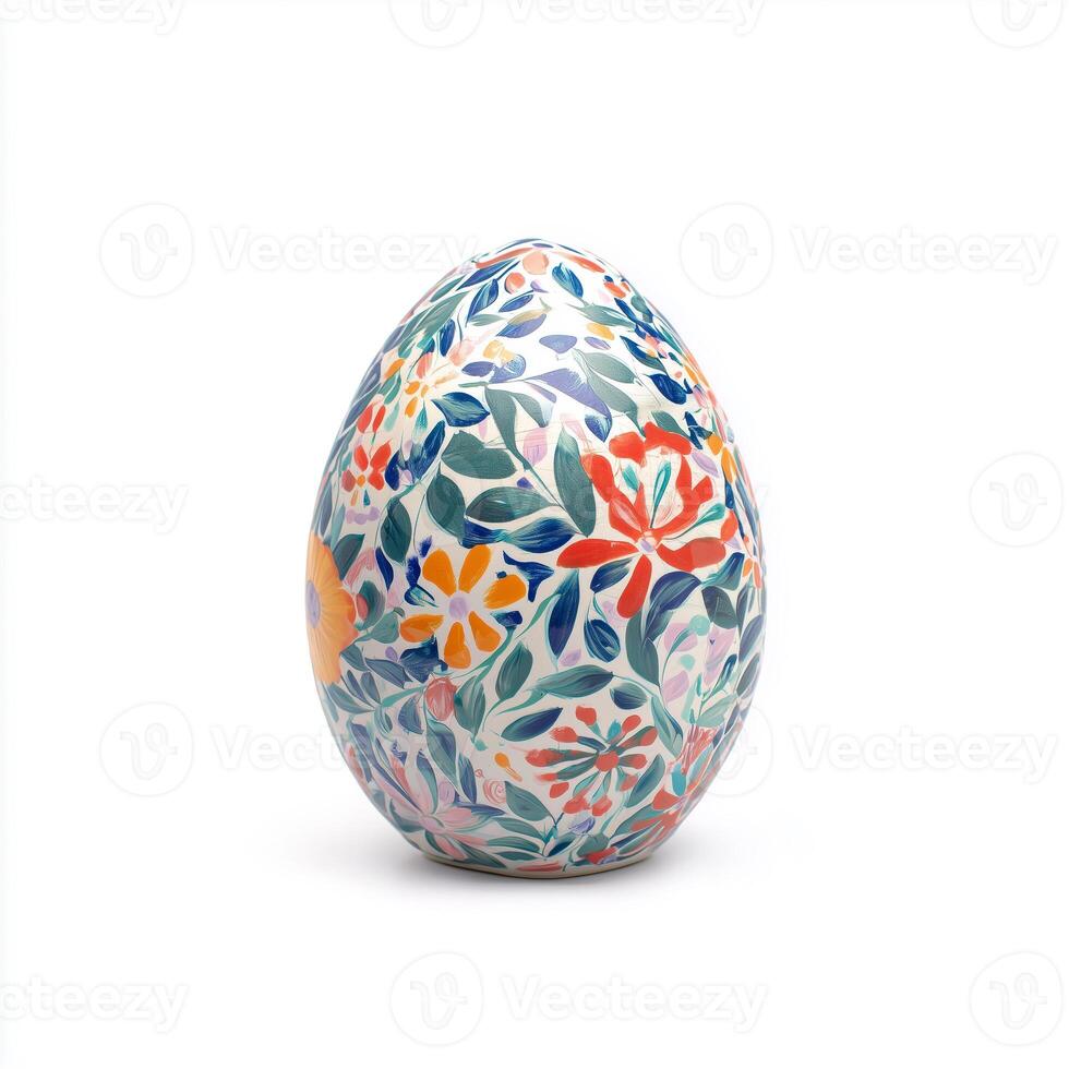Ceramic Easter egg featuring intricate floral design on a white background photo