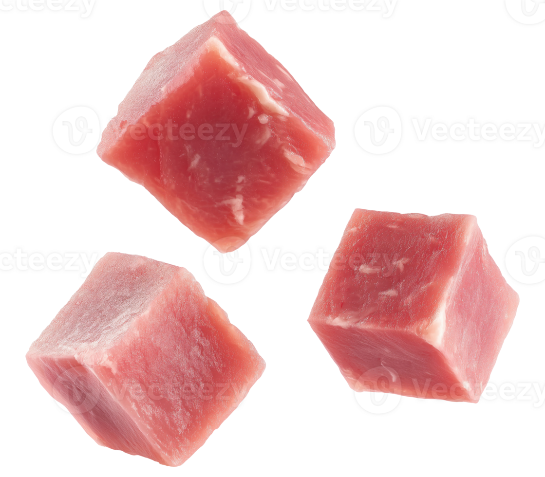 Fresh pork meat chunks cut into cubes isolated on a transparent background png