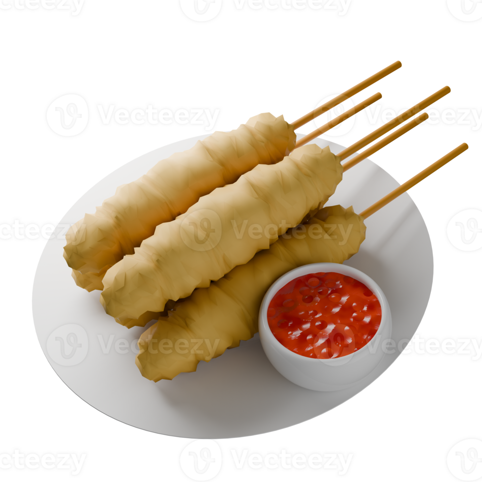 3D Render of Telur Gulung on Plate with Spicy Red Sauce png