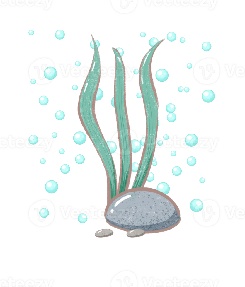 dark green coral and bubble cartoon drawing with decorations in flat cute hand drawn style png