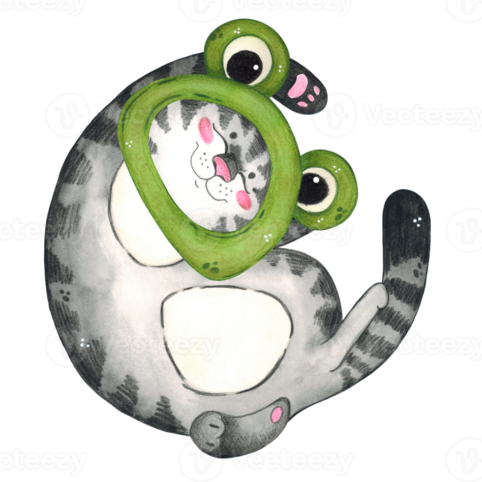 Tabby gray cat wearing a green frog hat. Watercolor illustration hand drawn in children's. Drawing for stickers, posters, postcards. Mask, hat, frog, green, eyes, cartoon png