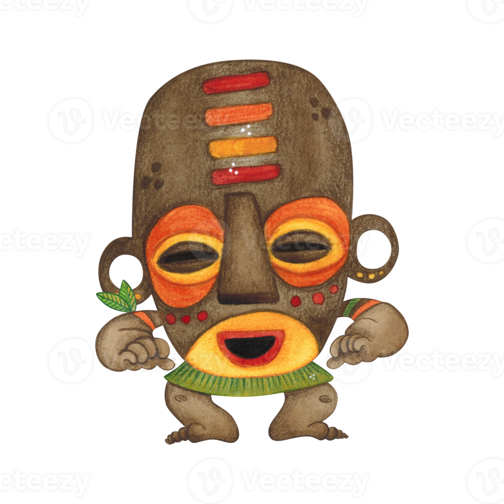 Crouching African aborigine in a brown mask with a bright pattern and big ears. Watercolor illustration, hand drawn, cartoon. Drawing for poster, stickers, print. Africa, mask, funny, character png