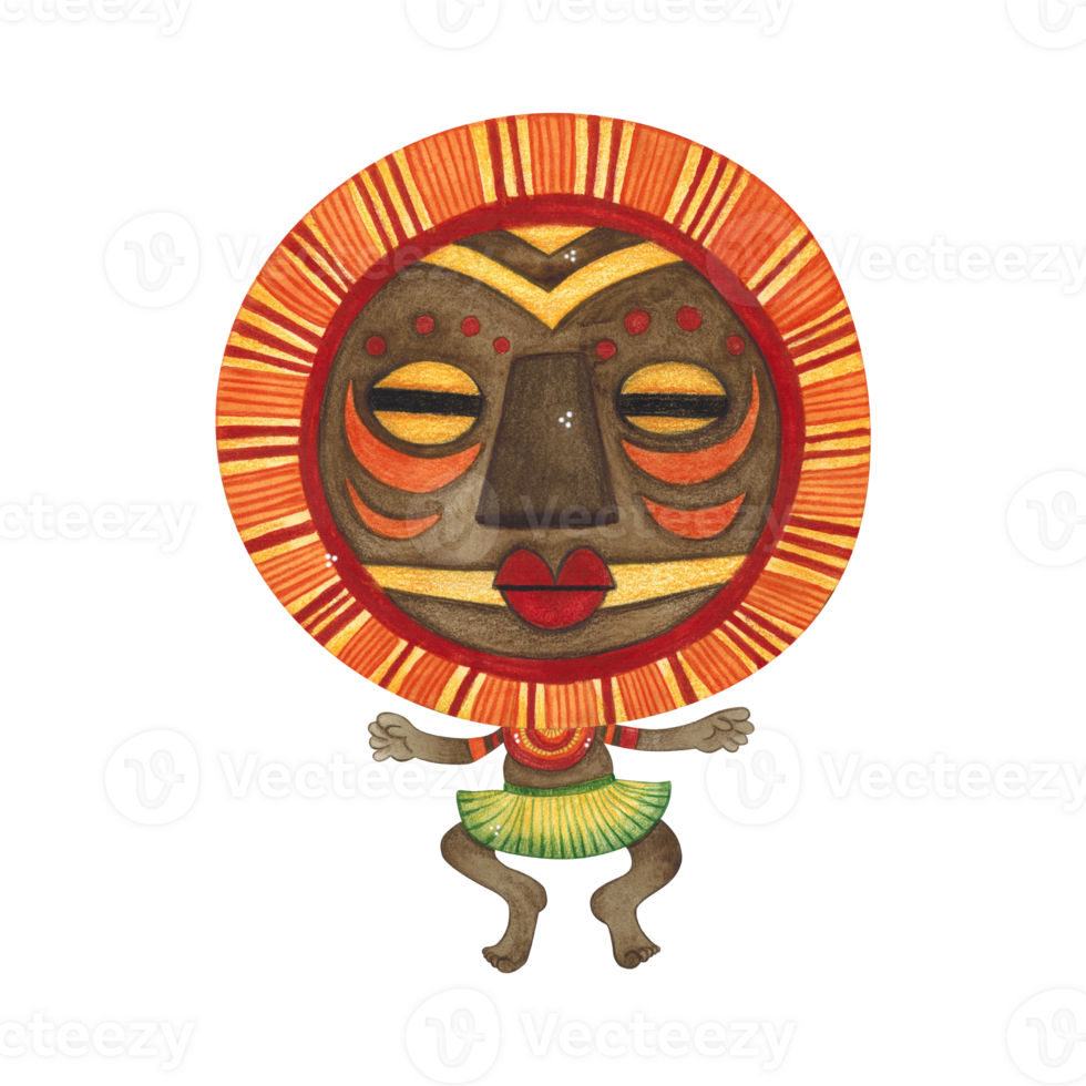 Jumping african aborigine in brown round mask with orange fringe with arms outstretched. Watercolor illustration, hand drawn, cartoon. Drawing for poster, stickers, print. Africa, mask, funny png