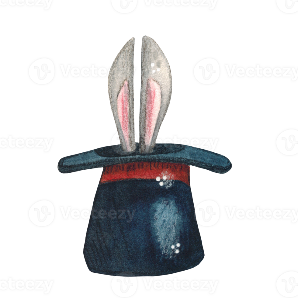 Magician top hat with rabbit ears sticking out, watercolor illustration png