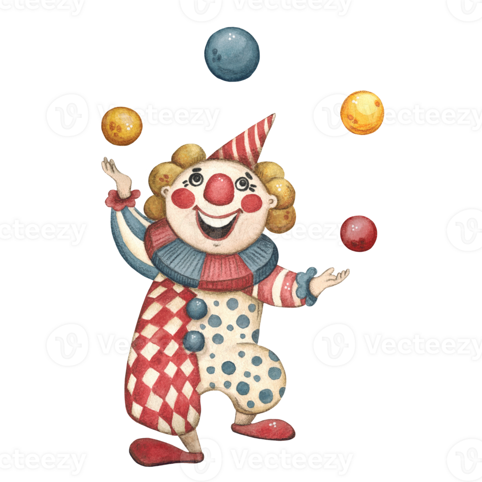 Circus clown juggles balls watercolor illustration png