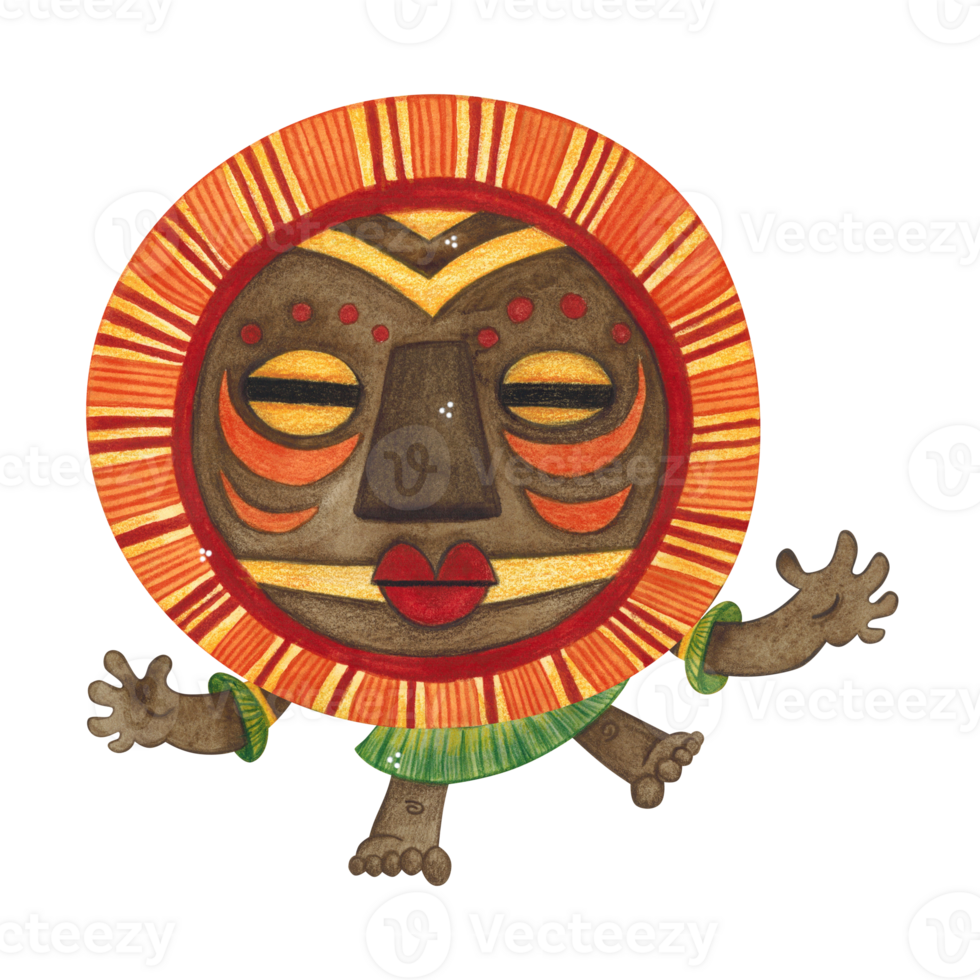Dancing african aborigine in a brown round mask with orange fringe with his arms outstretched. Watercolor illustration, hand drawn, cartoon. Drawing for poster, stickers, print. Africa, mask, funny png
