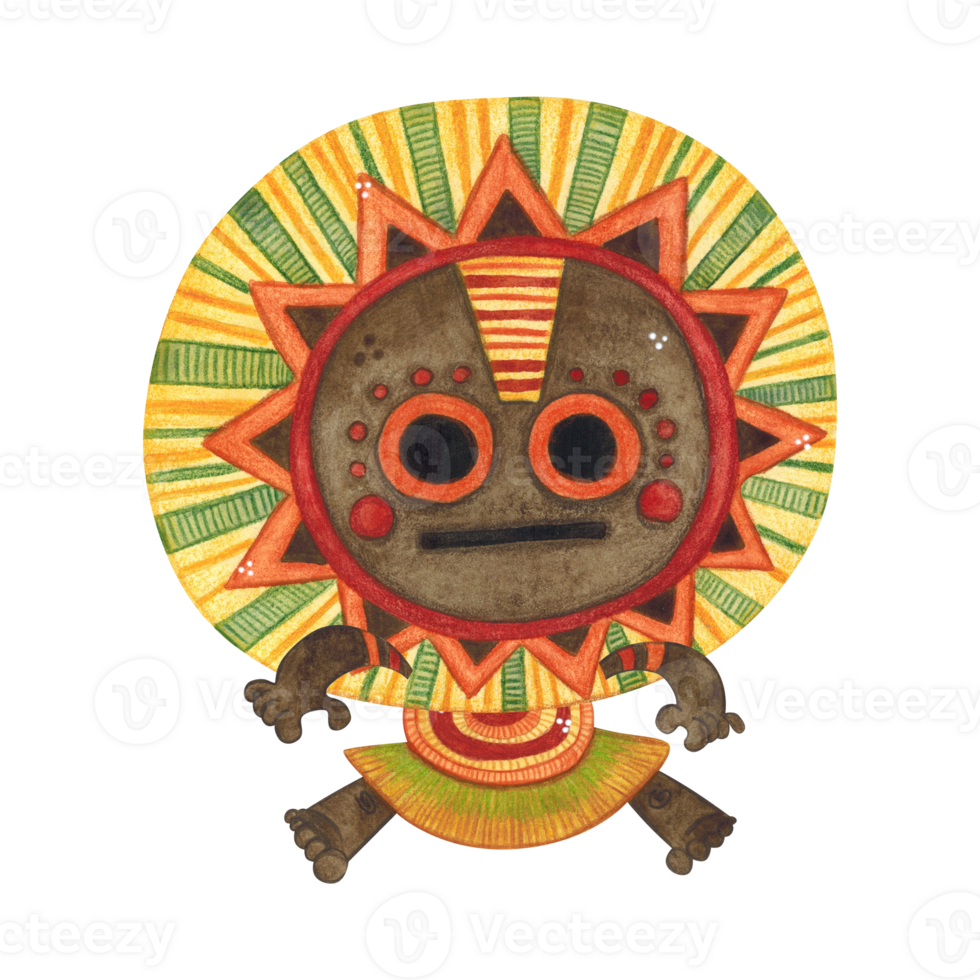 Dancing african aborigine in a round colorful mask, necklace and straw skirt. Watercolor illustration hand drawn, cartoon. Drawing for poster, stickers, print. Africa, mask, funny, character png