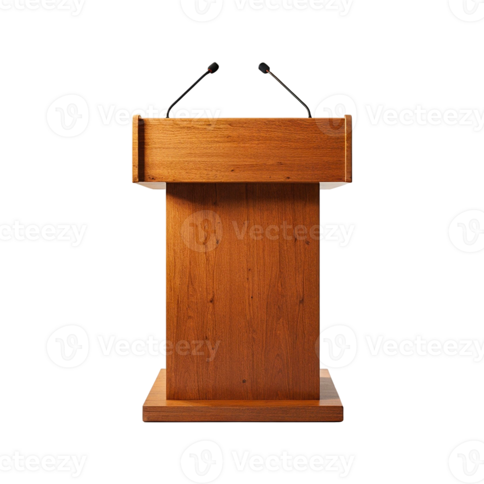 Wooden podium with microphones for public speaking png