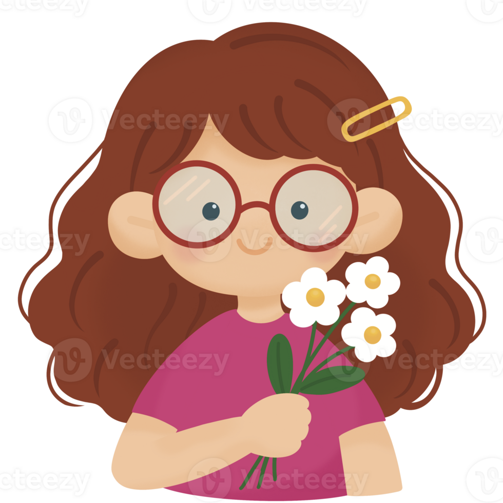 Girl with red glasses and daisy flower png