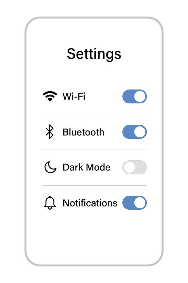 Mobile Settings Menu with Toggle Switches Enabled and Disabled vector
