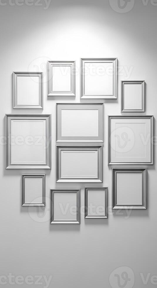 A wall with several empty frames on it photo